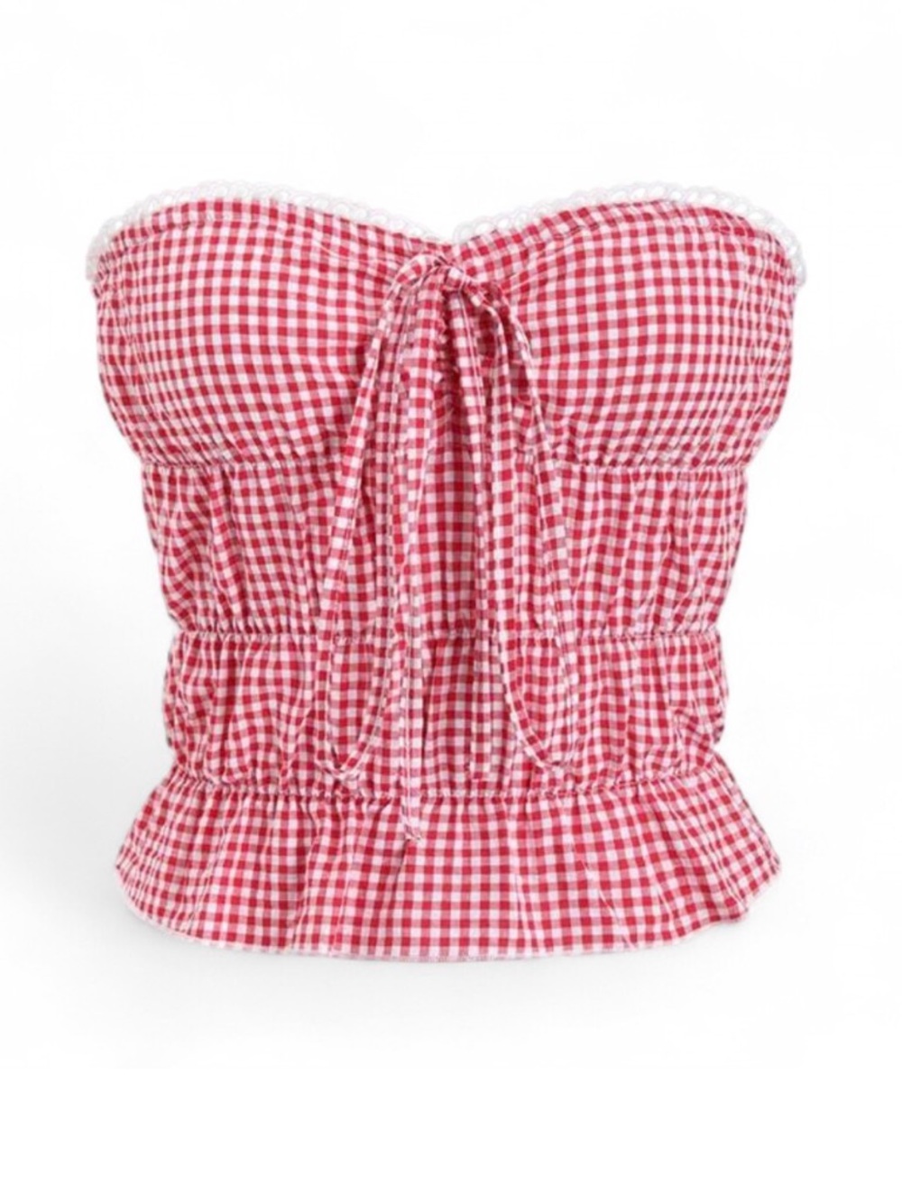 red plaid gingham front tie strapless top